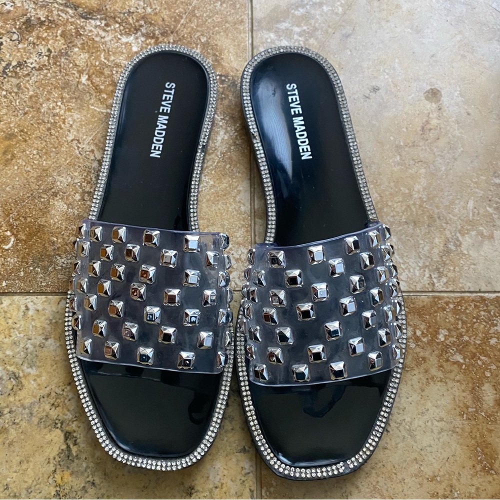 Steve Madden Jynn silver black studd jellie sandal slides women’s preown…